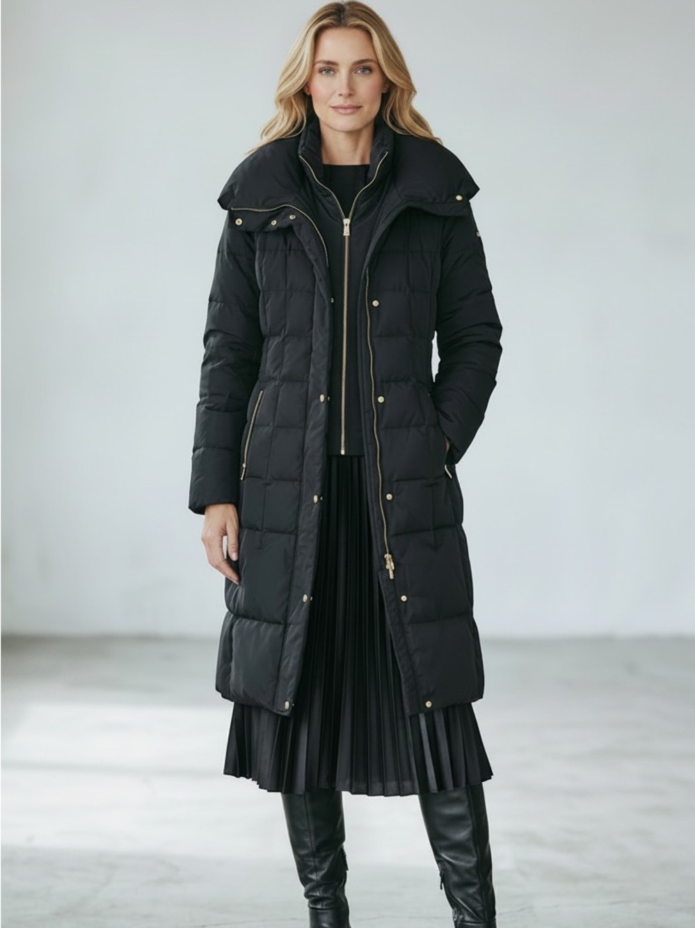 Cole Haan long black winter puffer jacket down & feathers hood gold button small